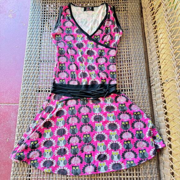 Contro Corrente Pink Black and White Drop Waist Sleeveless Owl Print Dress S - Picture 8 of 9